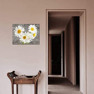 TAOMI White Daisy Flowers Picture Bedroom Bathroom Wall Art Yellow Daisy Flower Wood Grain Canvas Print 12x16 Rustic Farmhouse Floral Artwork for Living Room Office Home Decor Ready to Hang