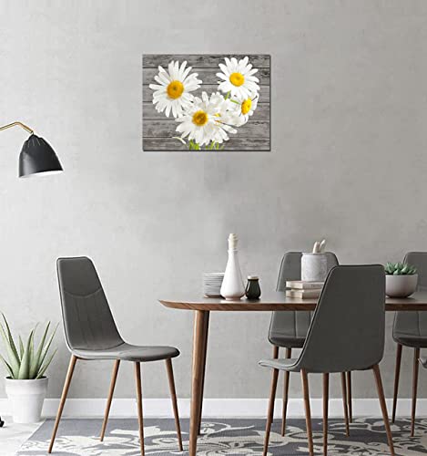 TAOMI White Daisy Flowers Picture Bedroom Bathroom Wall Art Yellow Daisy Flower Wood Grain Canvas Print 12x16 Rustic Farmhouse Floral Artwork for Living Room Office Home Decor Ready to Hang