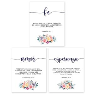 fe esperanza amor wall decor – cuadros cristianos para pared en español – christian wall decor in spanish – set of 3 prints – 8×10 – unframed