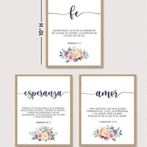 Fe Esperanza Amor Wall Decor - Cuadros Cristianos Para Pared en Español - Christian Wall Decor In Spanish - Set of 3 Prints - 8x10 - Unframed