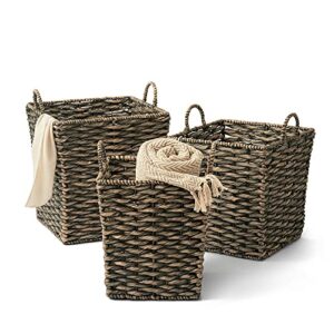 Artera Oversize Wicker Storage Basket - Set of 3 Woven Water Hyacinth Blanket Baskets with Handle, Natural Nesting Floor Storage Bins for Living Room, Bedroom or Laundry Room (Style 1)