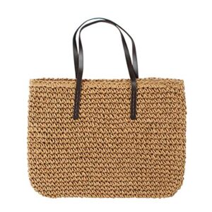 Vgift Beach Bags for Women, Large Straw Tote with Zipper for Summer, Khaki