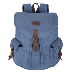 canvas backpack for women cover vintage travel casual rucksack school book bag genuine leather trimming (blue)