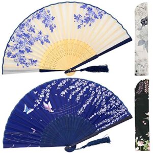 OMyTea Folding Hand Fans for Women - Chinese Japanese Vintage Bamboo Silk Fans - for Hot Flash, EDM, Music Festival, Party, Dance, Performance, Decoration, Wedding, Gift (White Rose & Blue Sakura)