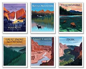 national park posters – vintage style unframed set of 6 travel prints, 11×14 inch, yosemite, yellowstone, grand canyon, zion, smoky mountain, rocky mountain national parks wall poster, abstract nature landscape forest wall art pictures for bedroom office