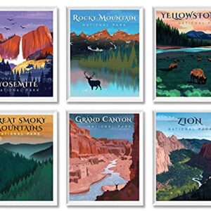 National Park Posters – Vintage Style Unframed Set of 6 Travel Prints, 11x14 Inch, Yosemite, Yellowstone, Grand Canyon, Zion, Smoky Mountain, Rocky Mountain National Parks Wall Poster, Abstract Nature Landscape Forest Wall Art Pictures for Bedroom Office