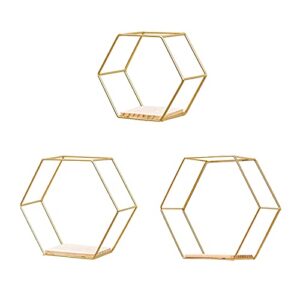 khbnhj 3 pcs gold hexagon wall shelves, floating decorative wire wall mounted shelf, multi-use geometric floating shelves metal shelving for bedroom living room kitchen office, 6.7in 9.4in 11in