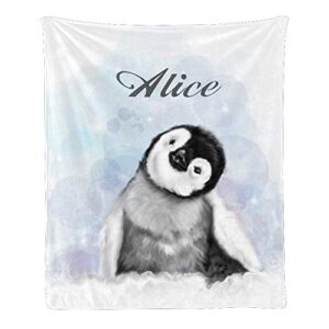 cuxweot custom blanket with name personalized cute penguin soft fleece throw blanket for gifts (50 x 60 inches)