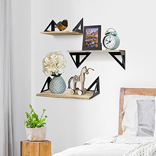 Greenco Wall Mounted Floating Shelves, Set of 3 Decorative Rustic Selves with Triangle Metal Brackets