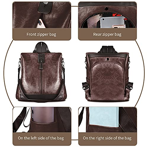 ROOSALANCE Women Backpack Waterproof Anti-theft Lightweight PU Leather Fashion Purse Shoulder Bag Travel Backpack Ladies (Coffee Brown)