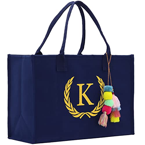 VANESSA ROSELLA Personalized Gift Monogram Initial 100% Cotton Chic Tote Bag for Women - Navy (K)