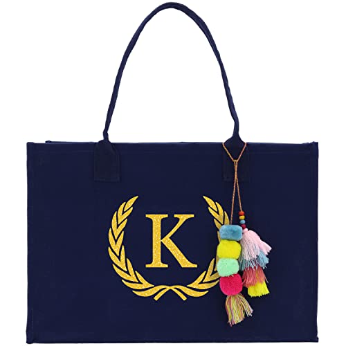 VANESSA ROSELLA Personalized Gift Monogram Initial 100% Cotton Chic Tote Bag for Women - Navy (K)