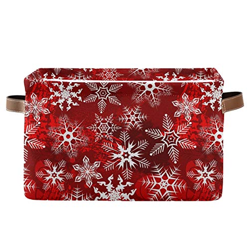 senya Christmas Basket Box Large Foldable Christmas Storage Basket with Handles Christmas Red Pattern with Snowflakes Flower Fabric Collapsible Storage Bins Organizer Bag