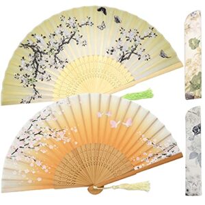 Leehome Small Folding Hand Fans for Women -Chinese Japanese 2pcs Vintage Bamboo Silk Fans - for Dance, Music Festival, Wedding, Party, Decorations,Gift. (Green Sakura Butterflies & Yellow Sakura)