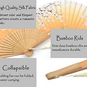 Leehome Small Folding Hand Fans for Women -Chinese Japanese 2pcs Vintage Bamboo Silk Fans - for Dance, Music Festival, Wedding, Party, Decorations,Gift. (Green Sakura Butterflies & Yellow Sakura)