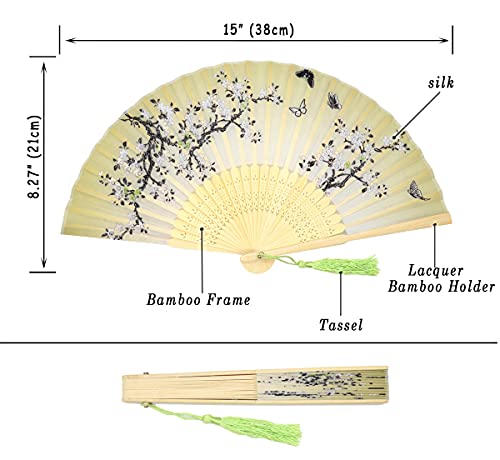 Leehome Small Folding Hand Fans for Women -Chinese Japanese 2pcs Vintage Bamboo Silk Fans - for Dance, Music Festival, Wedding, Party, Decorations,Gift. (Green Sakura Butterflies & Yellow Sakura)