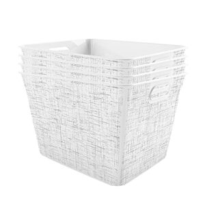 curver set of 4 large v decorative plastic organization and storage basket, 22.7l / 24qt, white with tweed pattern