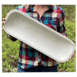 x-large 23″ white dough bowl, hand-carved mango wood tray, rustic, decorative, hostess gift, farmhouse decor, lots of uses including: decorative dining table center piece and dough bowl candles