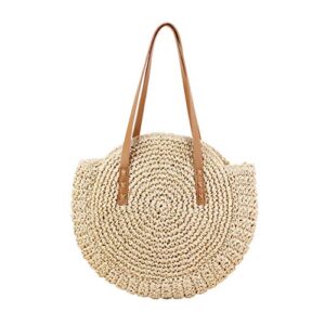 chic diary womens hand-woven straw shoulder bag large summer beach leather handles handbag tote with zipper (#02-beige)