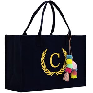 vanessa rosella personalized gift monogram initial 100% cotton chic tote bag for women – black (c)