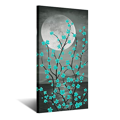 Kreative Arts Large Canvas Prints Wall Art Grey and Teal Plum Blossom Tree and Full Moon Vertical Contemporary Painting for Living Room Decorations 20x40inch