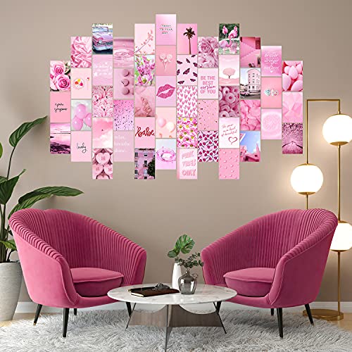 WOONKIT Pink Wall Collage Kit Aesthetic Pictures, Collage Kit for Wall Aesthetic, Pink Room Wall Bedroom Dorm Decor, Room Decor for Teen Girls, Trendy Teen Pink Collage Kit, 50pcs 4x6 inch