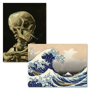 2 pack – skeleton by vincent van gogh & the great wave off kanagawa by katsushika hokusai – fine art poster prints (laminated, 18″ x 24″)