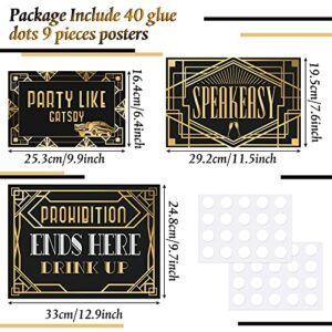 LINGXIU 9 Pieces Roaring 20s Party Decorations Black and Gold Retro Jazz Party Roaring Twenties Wall Signs Decorations Kit for 1920s Party Speakeasy Decorations Supplies