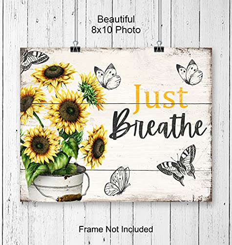 Just Breathe Sunflower Wall Art - Positive Quotes Wall Decor - Encouragement Gifts for Women - Inspirational Quotes Wall Decor - Uplifting Gifts for Women - Bedroom Wall Art Sign - Country Wall Art