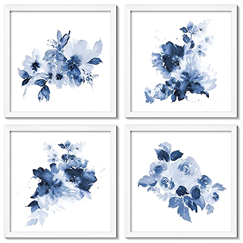 ArtbyHannah 4 Pack 10x10 Framed Blue Wall Art Set with White Frame Floral Print for Bathroom Bedroom Home Decoration