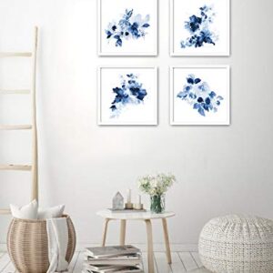 ArtbyHannah 4 Pack 10x10 Framed Blue Wall Art Set with White Frame Floral Print for Bathroom Bedroom Home Decoration