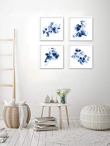 ArtbyHannah 4 Pack 10x10 Framed Blue Wall Art Set with White Frame Floral Print for Bathroom Bedroom Home Decoration