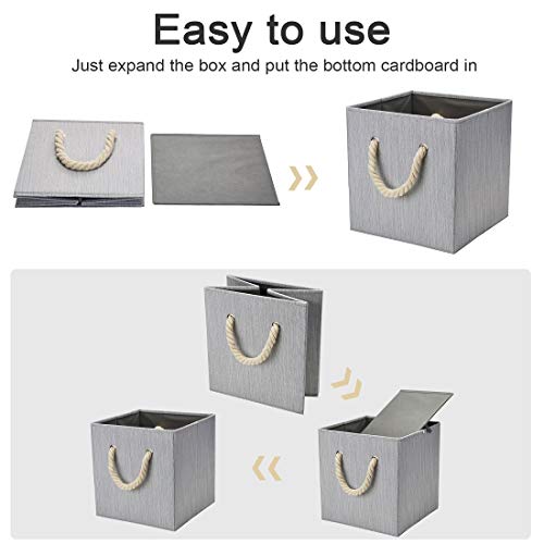 Robuy Set of 4 Grey Foldable Bamboo Fabric Cube Storage Bins with Cotton Rope Handle, Collapsible Resistant Basket Box Organizer for Shelves Size (10.5x10.5 x11 inch)