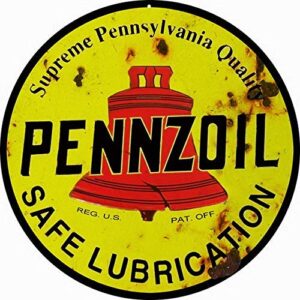 Pennzoil Gas Station and Motor Oil Reproduction Aged Vintage Round Tin Sign Nostalgic Metal Sign Home Decor for Culb Bar Cafe 12x12 Inches