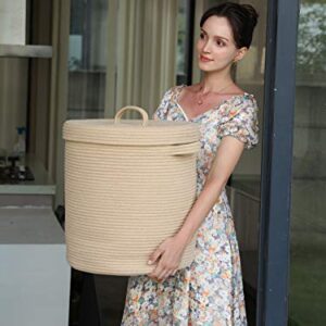 16" x 16" x 18" Large Cotton Rope Storage Basket with Lid, Full Beige with Cover