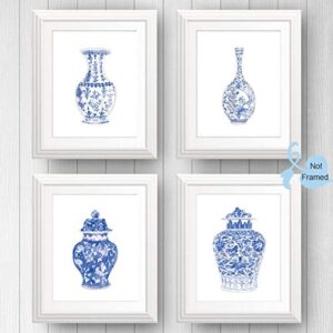 Chinoiserie Wall Art Print-- Bedroom or Study Decor -- Chinese Blue White Porcelain Vase Canvas Print ( Set of 6 )--Unframed--8X10 inch 1