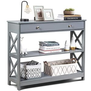 giantex console table 3-tier w/drawer and storage shelves, x-design entryway table for hallway, living room and bedroom sofa side table (gray)