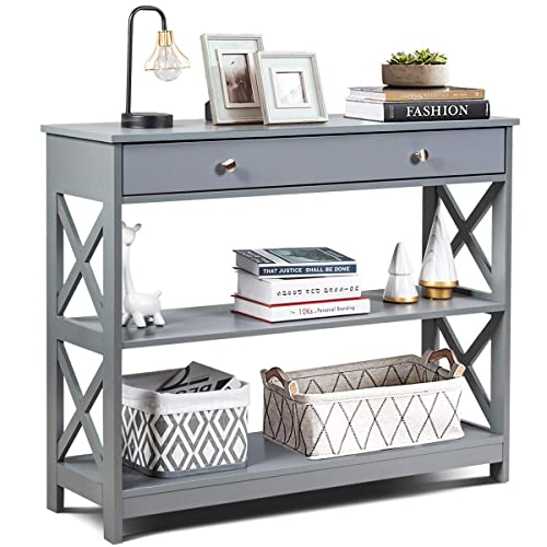 Giantex Console Table 3-Tier W/Drawer and Storage Shelves, X-Design Entryway Table for Hallway, Living Room and Bedroom Sofa Side Table (Gray)