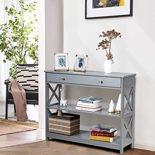 Giantex Console Table 3-Tier W/Drawer and Storage Shelves, X-Design Entryway Table for Hallway, Living Room and Bedroom Sofa Side Table (Gray)