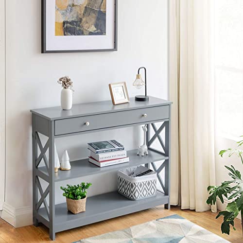 Giantex Console Table 3-Tier W/Drawer and Storage Shelves, X-Design Entryway Table for Hallway, Living Room and Bedroom Sofa Side Table (Gray)
