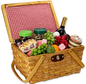 yesland picnic basket with lid and double folding handles, wood chip easter basket with gingham pattern lining organizer – blanket storage for egg gathering wedding candy gift – 13.8 x 9.7 x 7 inch