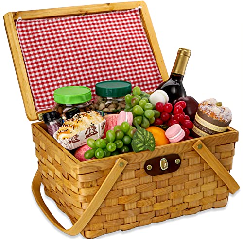 Yesland Picnic Basket with Lid and Double Folding Handles, Wood Chip Easter Basket with Gingham Pattern Lining Organizer - Blanket Storage for Egg Gathering Wedding Candy Gift - 13.8 x 9.7 x 7 Inch