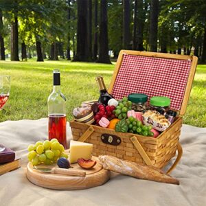 Yesland Picnic Basket with Lid and Double Folding Handles, Wood Chip Easter Basket with Gingham Pattern Lining Organizer - Blanket Storage for Egg Gathering Wedding Candy Gift - 13.8 x 9.7 x 7 Inch