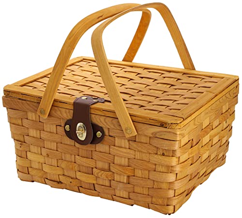 Yesland Picnic Basket with Lid and Double Folding Handles, Wood Chip Easter Basket with Gingham Pattern Lining Organizer - Blanket Storage for Egg Gathering Wedding Candy Gift - 13.8 x 9.7 x 7 Inch