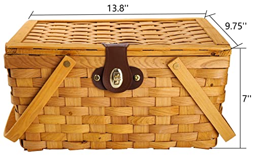 Yesland Picnic Basket with Lid and Double Folding Handles, Wood Chip Easter Basket with Gingham Pattern Lining Organizer - Blanket Storage for Egg Gathering Wedding Candy Gift - 13.8 x 9.7 x 7 Inch