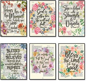 she set of 6 – proverbs 31:25, esther 4:14, psalm 46:5, psalm 103.1, luke 1:45, psalm 112:7 vintage christian bible verse page art prints, unframed, wall art decor posters, 5×7 inches