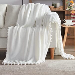 BEAUTEX Fleece Throw Blanket with Pompom Fringe, White Flannel Blankets and Throws for Couch, Super Soft Cozy Lightweight Plush Throw Blanket (50" x 60")
