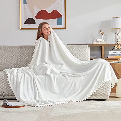 BEAUTEX Fleece Throw Blanket with Pompom Fringe, White Flannel Blankets and Throws for Couch, Super Soft Cozy Lightweight Plush Throw Blanket (50" x 60")