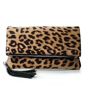 leopard zipper foldover clutch envelope purse women cross body bag with chain strap (leopard) medium