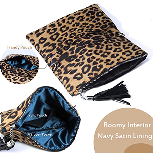 Leopard Zipper Foldover Clutch Envelope Purse Women Cross body Bag with Chain Strap (Leopard) Medium